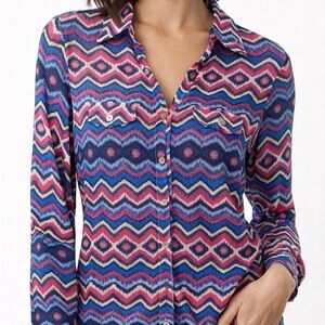 Colorful Zigzag Button-Down Blouse – Lightweight Long Sleeve Statement Top